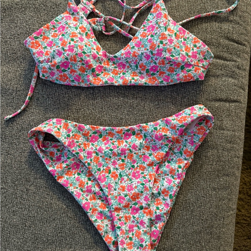 Floral Two-Piece Bikini Set - Pink & Orange Floral Print